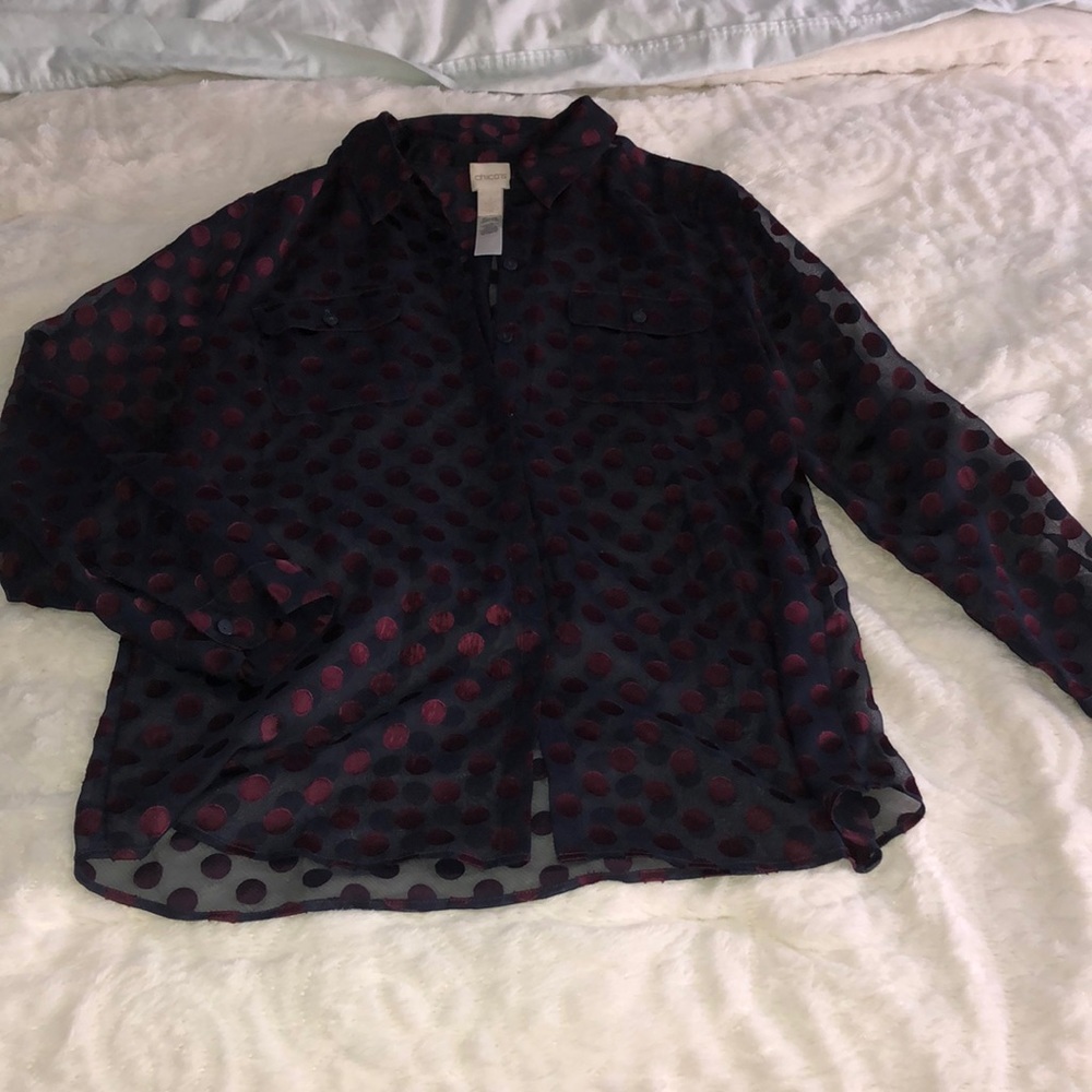 Chico’s Navy Sheer Polka Dot Blouse Sz 1/M